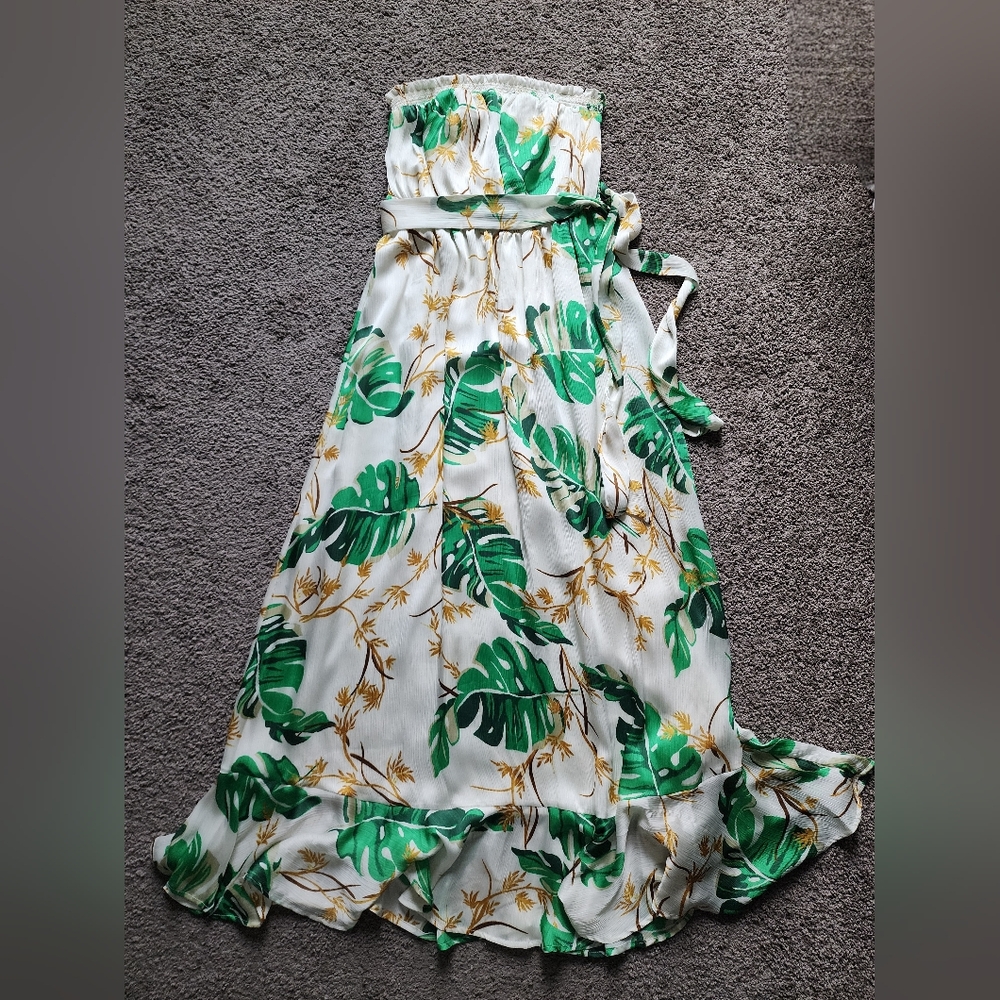 The Webster at Target White Maxi Dress with Green and Gold Leaf Print